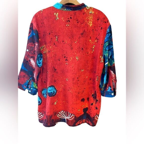 Two-Sided Red Cotton Bohemian Bali Mandarin Collar 3/4 Button Sleeve Tunic - Picture 2 of 8